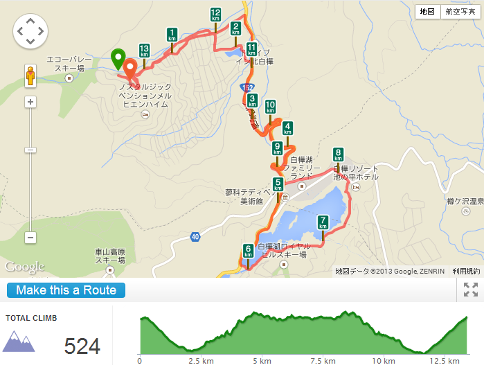 白樺湖往復・1周コース（約13.5km）